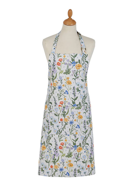 Cotton apron with a Cottage Garden floral print displayed on a mannequin
