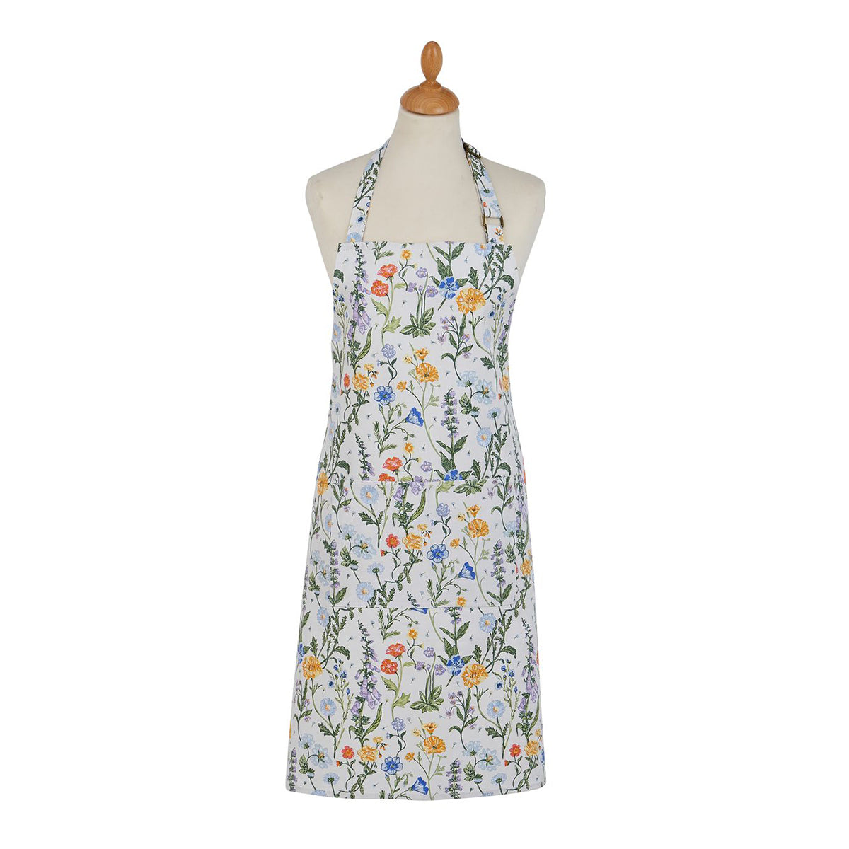 Cotton apron with a Cottage Garden floral print displayed on a mannequin