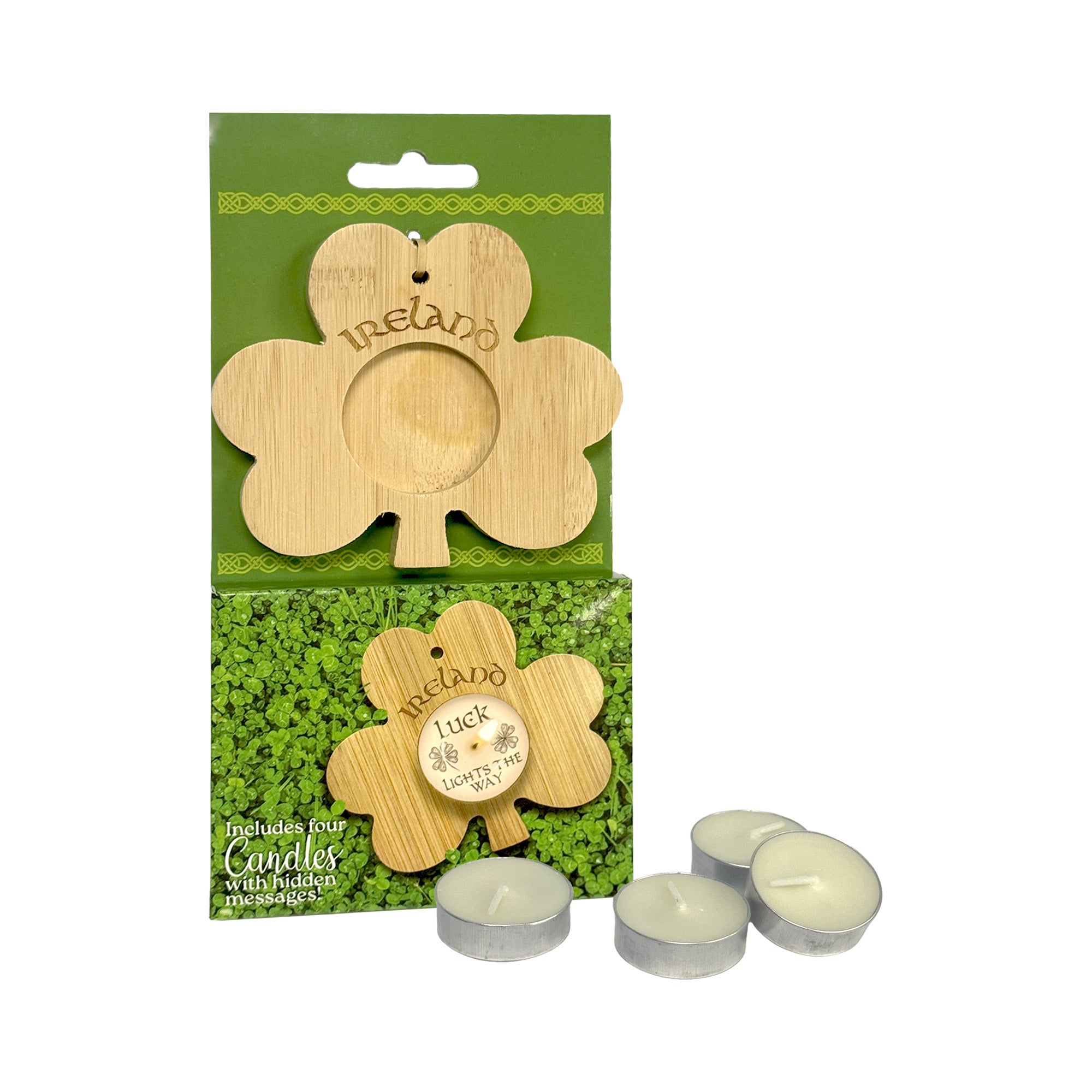Wooden shamrock shaped tea light holder with four tealights in Ireland themed packaging