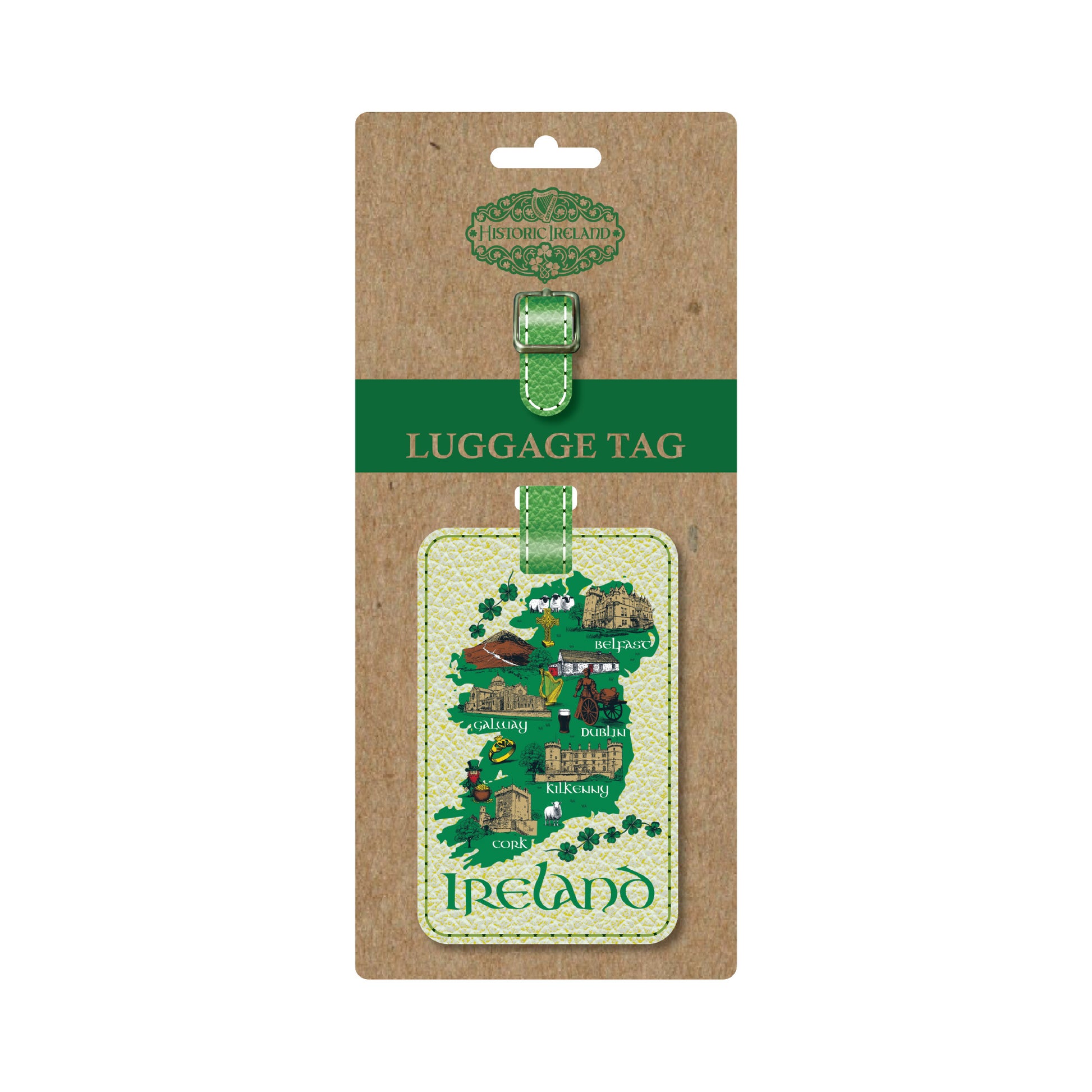 Ireland map themed faux leather luggage tag on cork packaging with a green band.