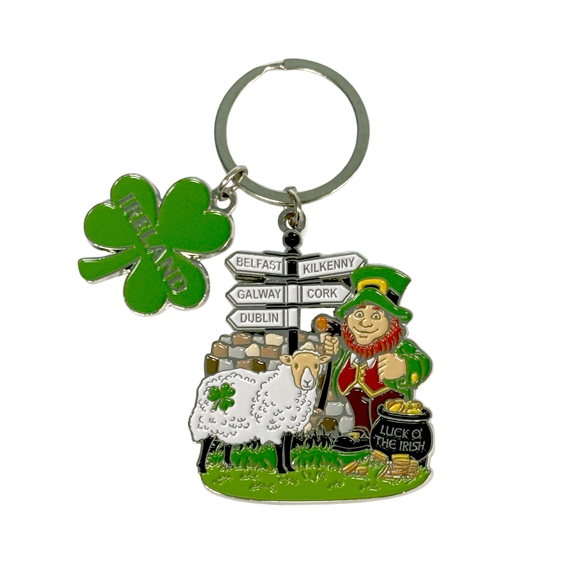 Leprechaun and sheep signpost keyring with a green shamrock charm