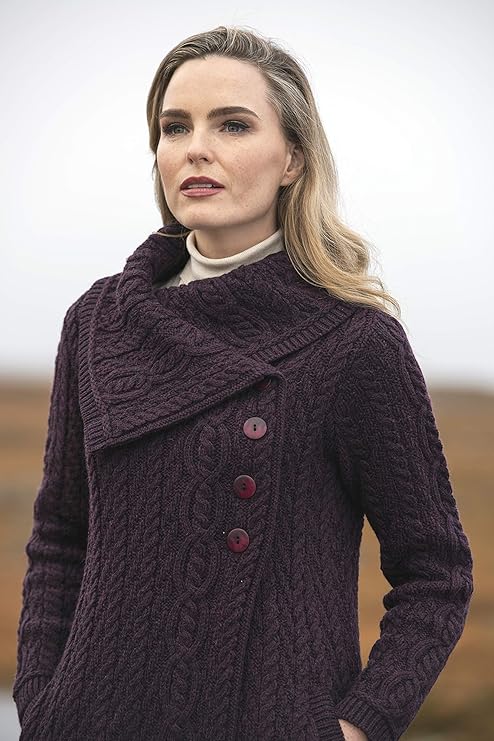 Women's Cable Knit Soft Collar 3 Button Damson Coat