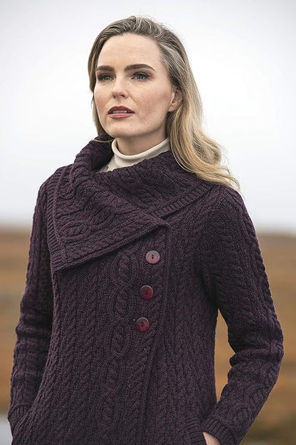 Women's Cable Knit Soft Collar 3 Button Damson Coat