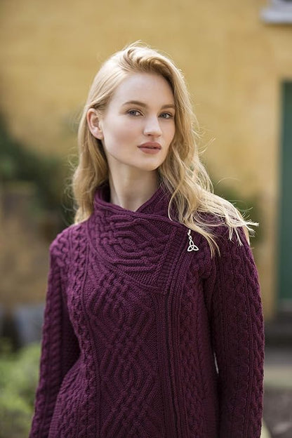 Women's Irish Soft Cable Knitted Side Zip Wine Coat