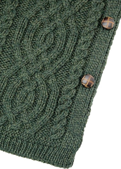 Women's Cable Knit Buttoned Cowl Neck Green Poncho