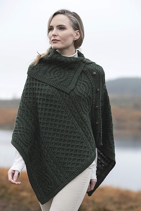 Women's Cable Knit Buttoned Cowl Neck Green Poncho