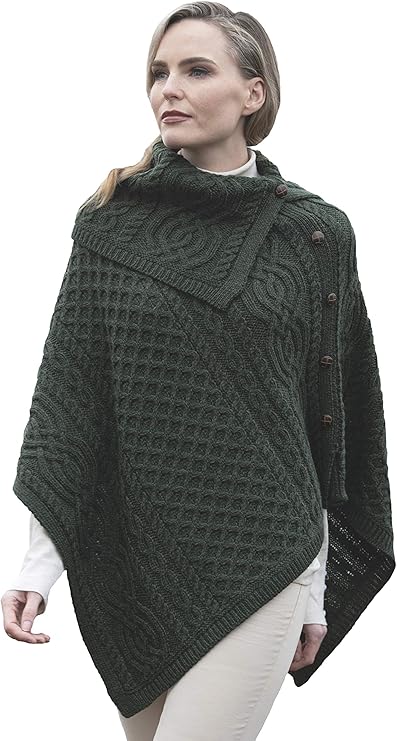 Women's Cable Knit Buttoned Cowl Neck Green Poncho