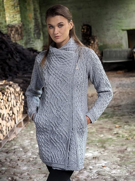 Women's Irish Soft Cable Knitted Side Zip Grey Coat