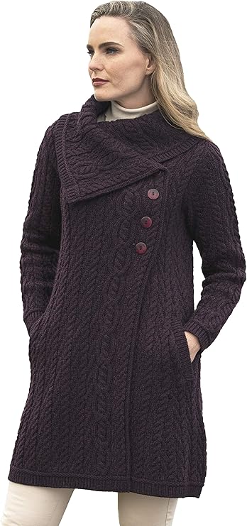 Women's Cable Knit Soft Collar 3 Button Damson Coat