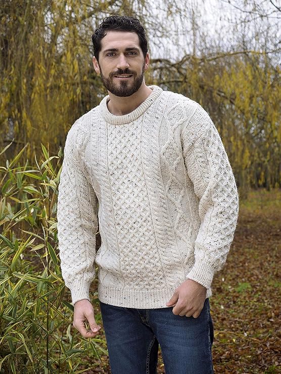 Men's Aran Cable Knit Crew Neck Wool Fleck Jumper
