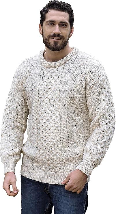 Men's Aran Cable Knit Crew Neck Wool Fleck Jumper