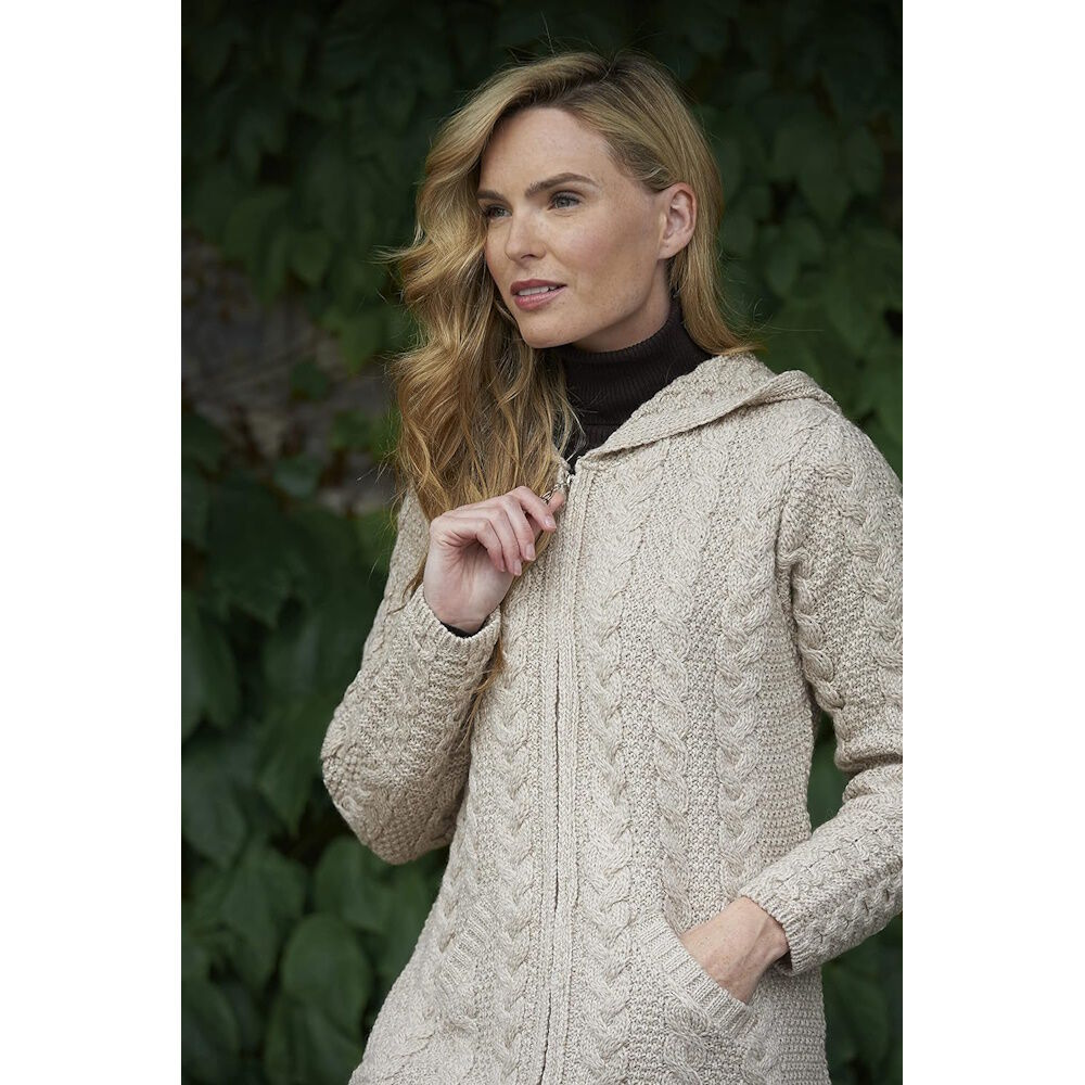 Ladies Irish Cable Knitted Hooded Parsnip Coat 