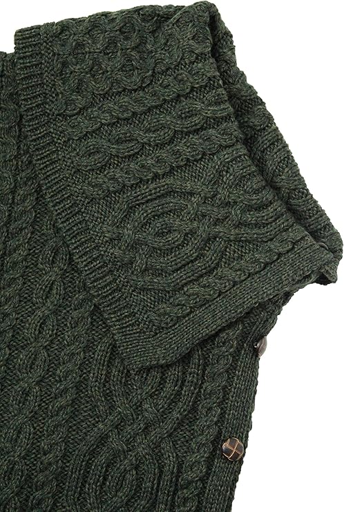 Women's Cable Knit Buttoned Cowl Neck Green Poncho