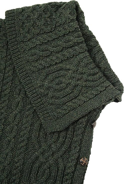 Women's Cable Knit Buttoned Cowl Neck Green Poncho