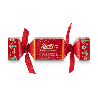 Red wrapped milk chocolate truffle and caramel with decorative ribbons
