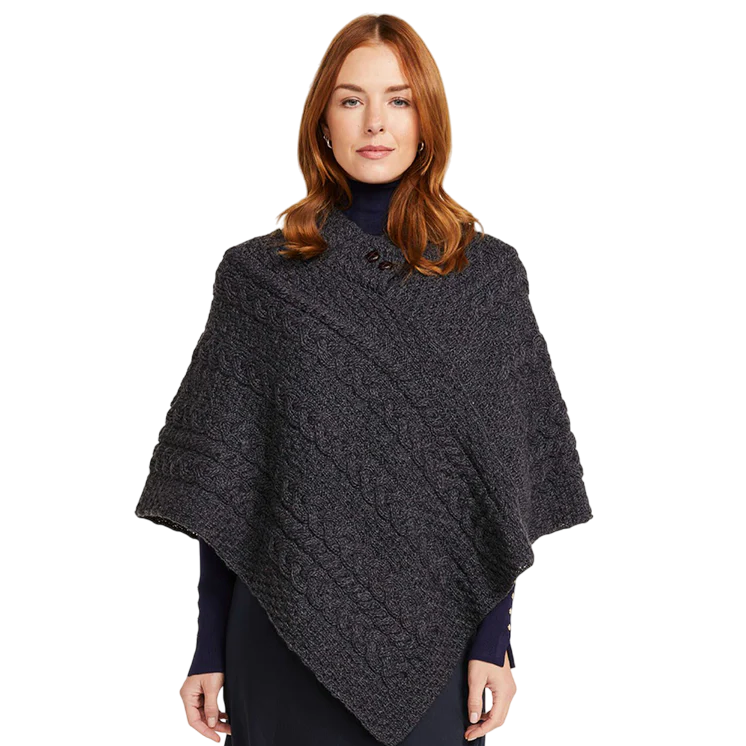 Ladies Aran Merino Wool Black Poncho
