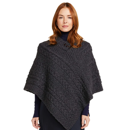 Ladies Aran Merino Wool Black Poncho