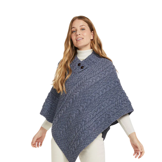 Ladies Aran Knit Denim Blue Poncho