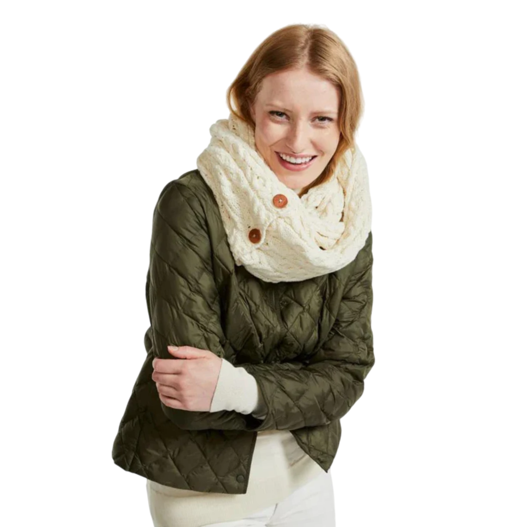 Ladies Buttoned Aran Natural Snood Scarf