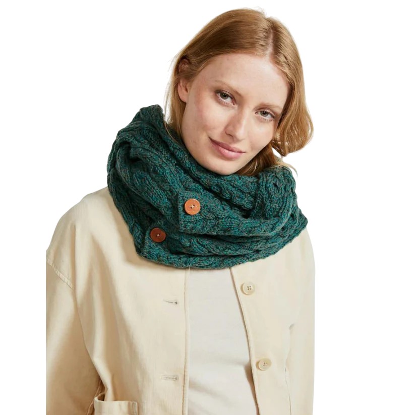 Ladies Buttoned Aran Connemara Green Snood Scarf