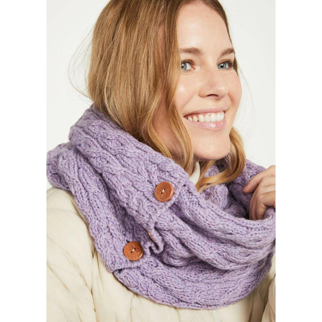 Ladies Buttoned Aran Lilac Snood Scarf 