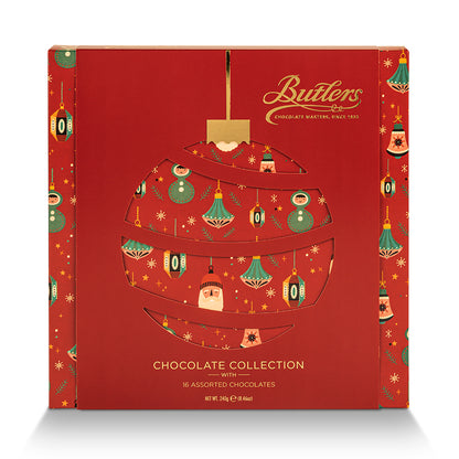 Red chocolate box with Christmas ornament cutout and festive illustrations