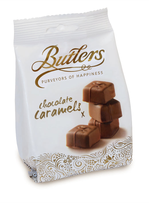 White bag of Butlers chocolate caramels with decorative gold pattern