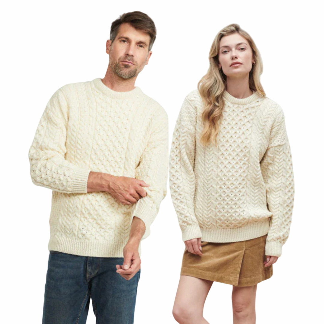 Unisex Traditional Aran Crew Neck White Jumper