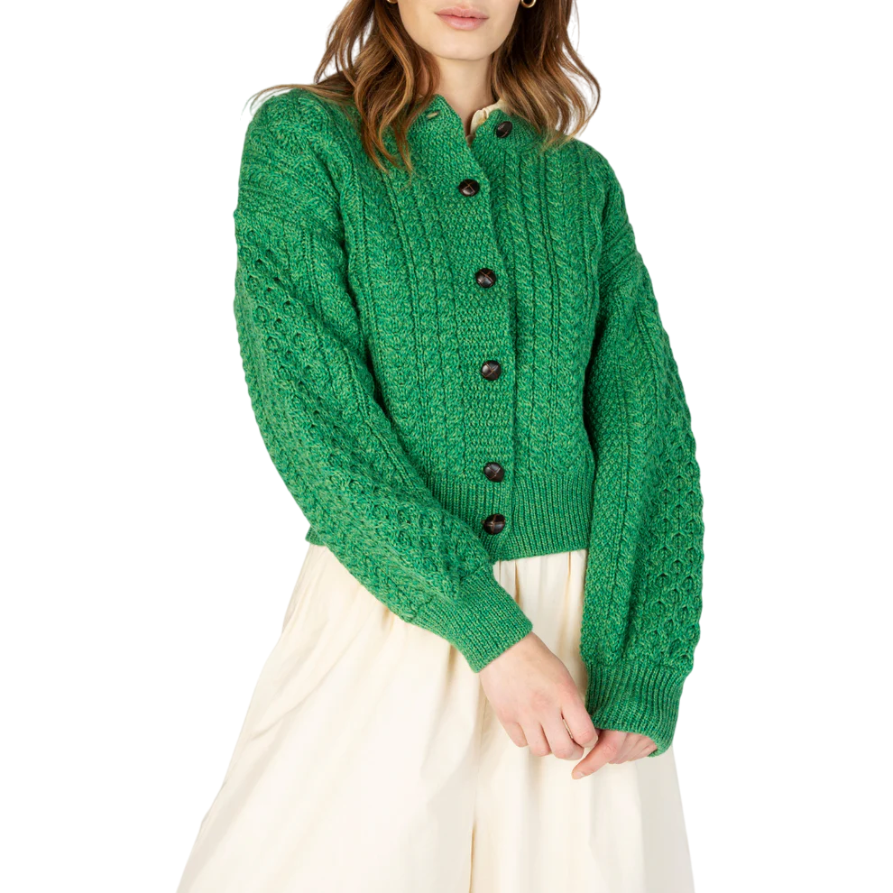 Ladies Aran Cropped Green Cardigan