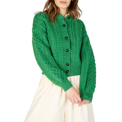 Ladies Aran Cropped Green Cardigan