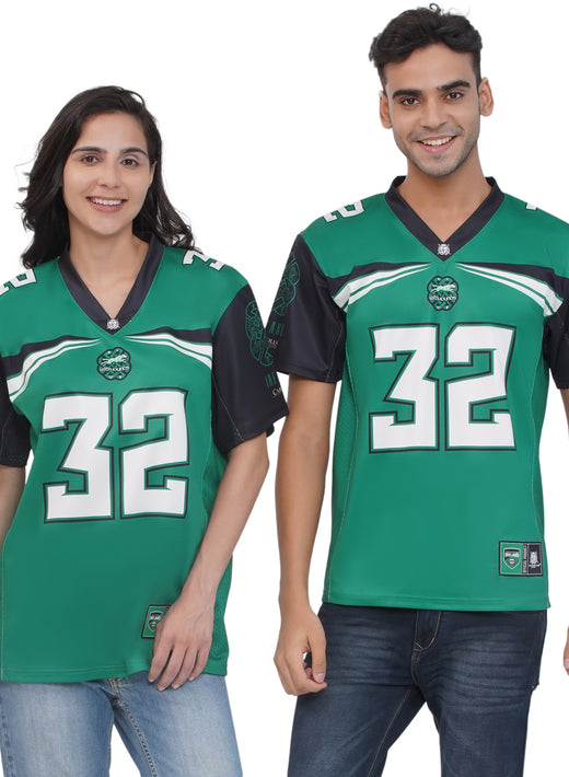 Smiling man and woman wearing matching green sports jerseys with number 32