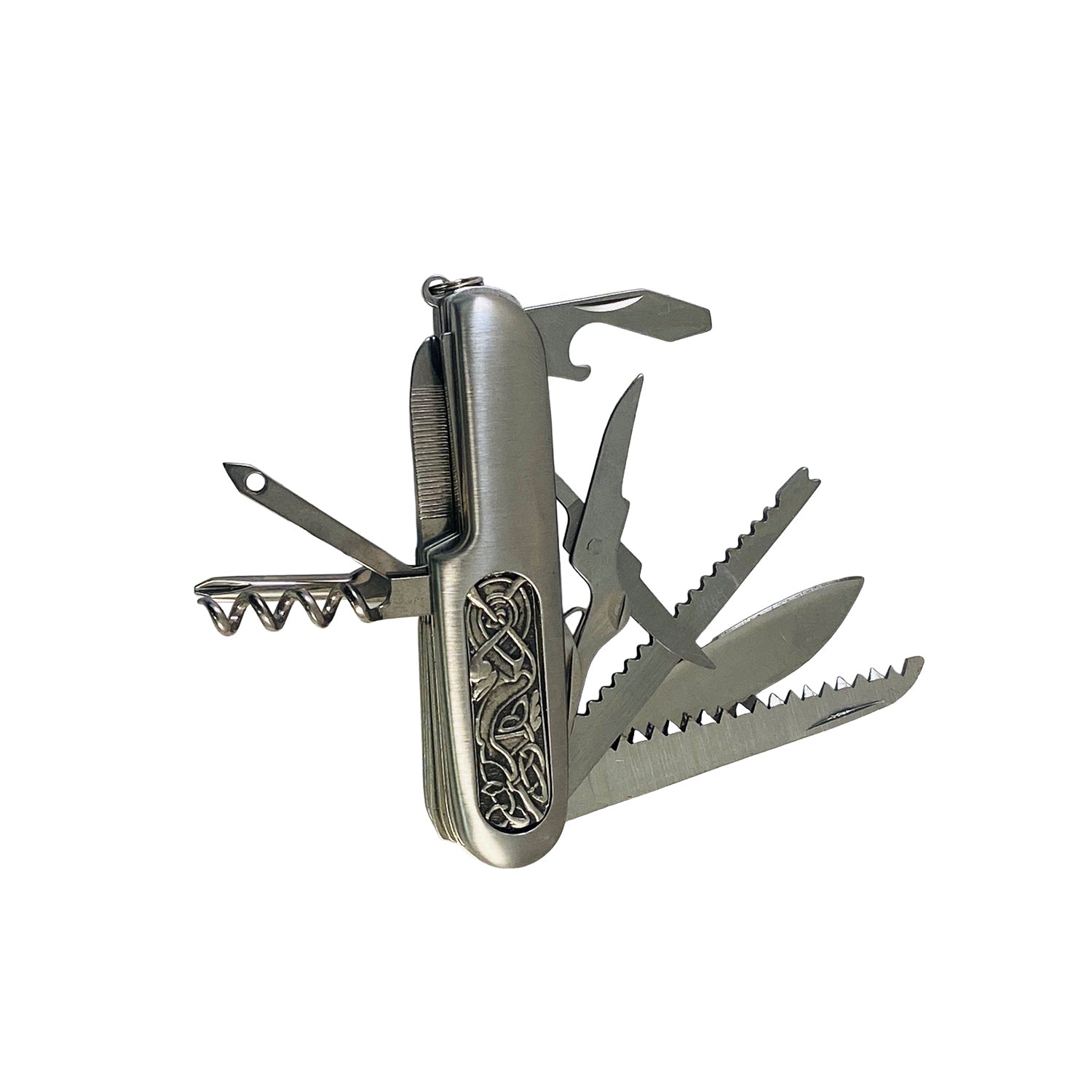 Celtic Army multi tool pocket knife with several blades and tools extended.
