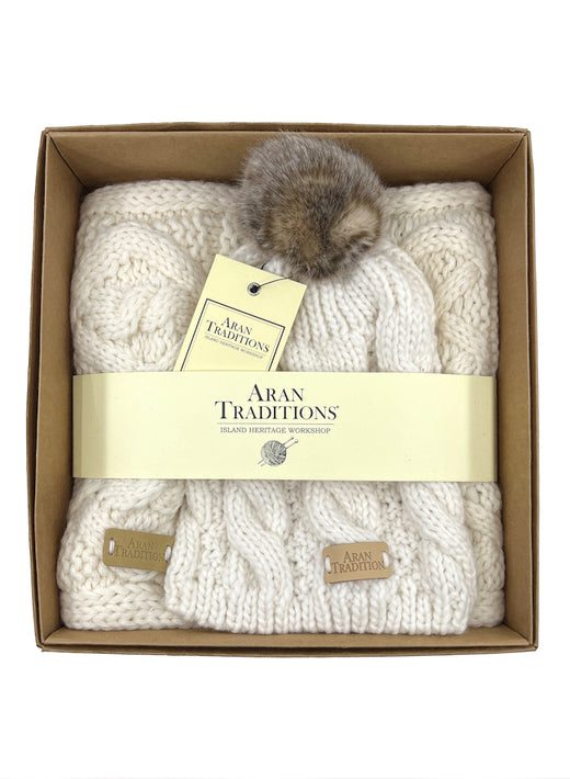 Aran Cable Knit Hat and Snood Natural Gift Set
