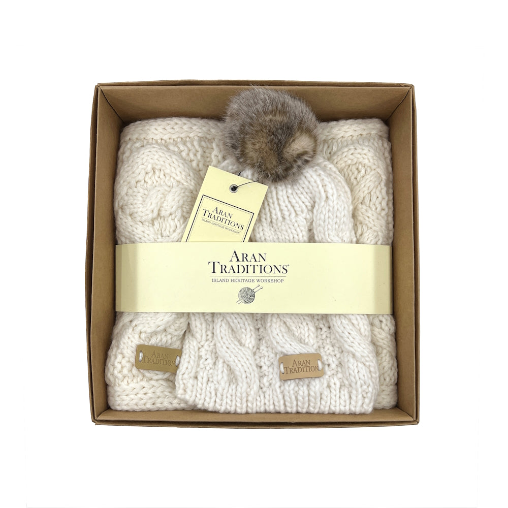 Aran Cable Knit Hat and Snood Natural Gift Set