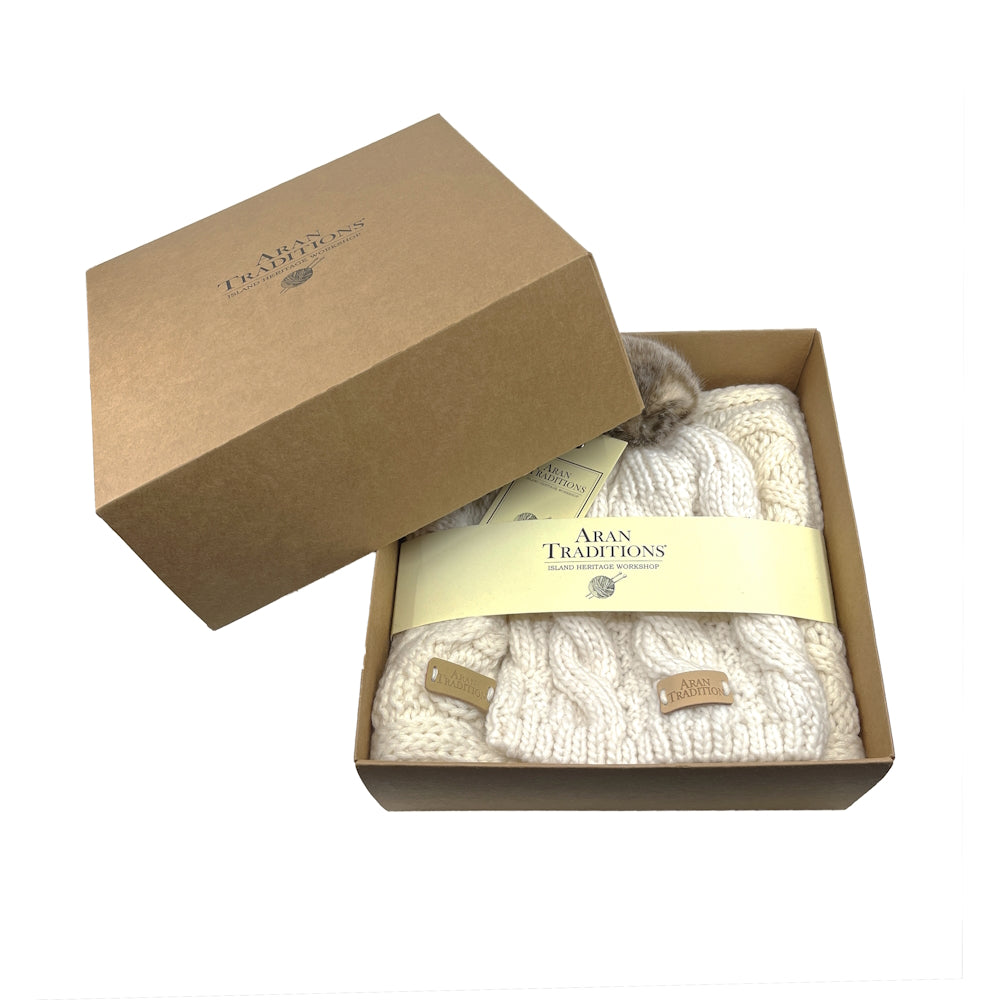 Aran Cable Knit Hat and Snood Natural Gift Set