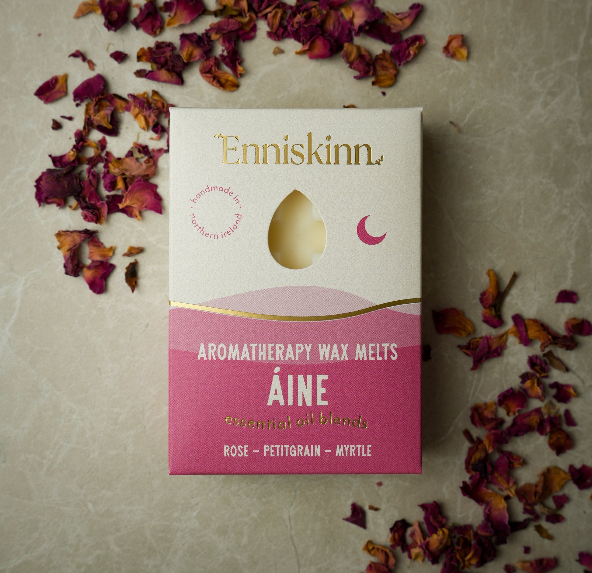 Enniskinn Aromatherapy Wax Melts Aine box with a tear window and pink lower panel