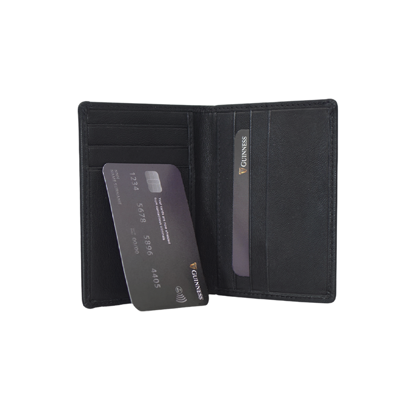 Open Guinness card wallet in black leather showing interior card slots and cards