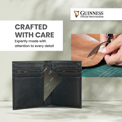 Opened Guinness leather wallet showing card slots with a partially visible card inside