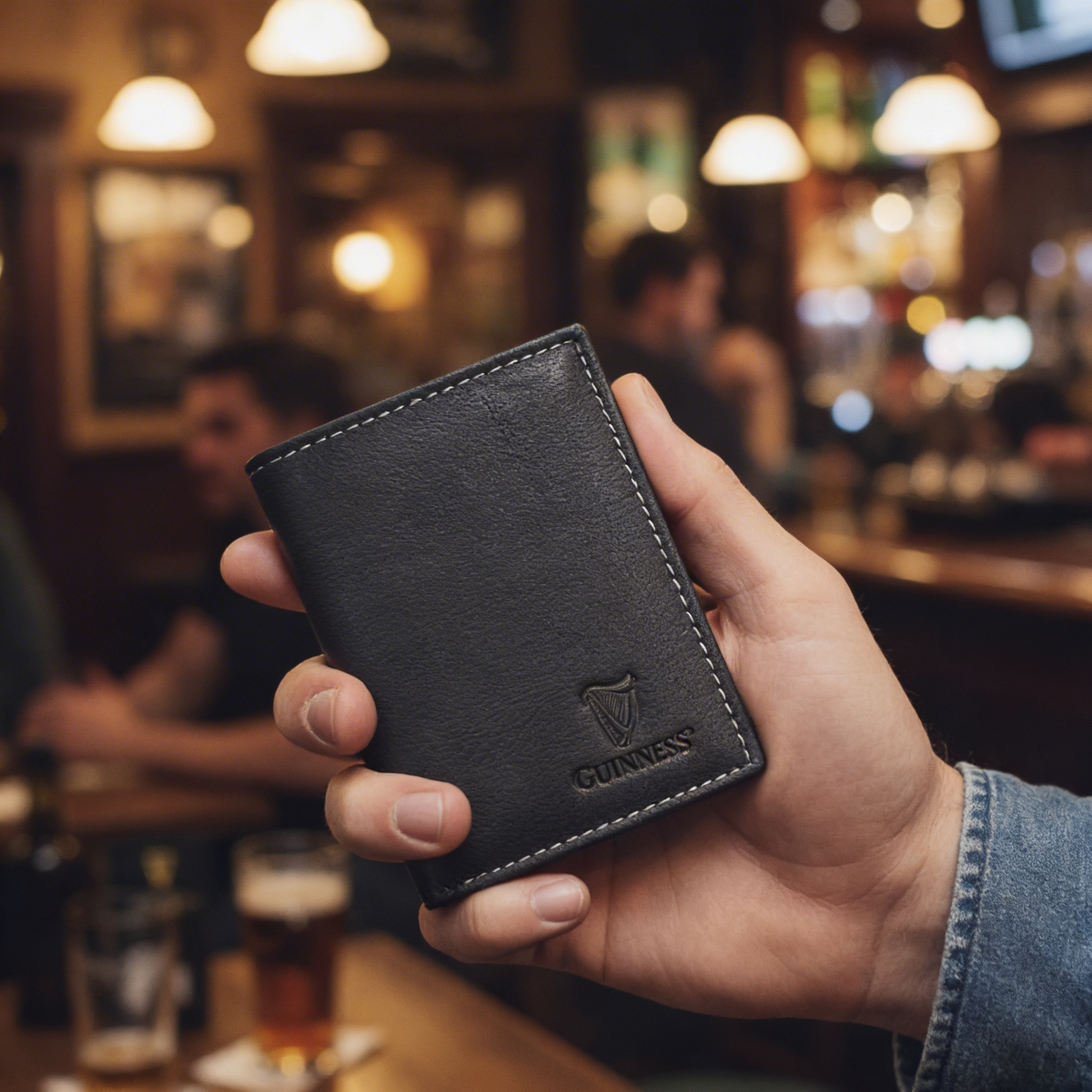 Hand holding Guinness 6-slot leather card wallet in a warm bar scene
