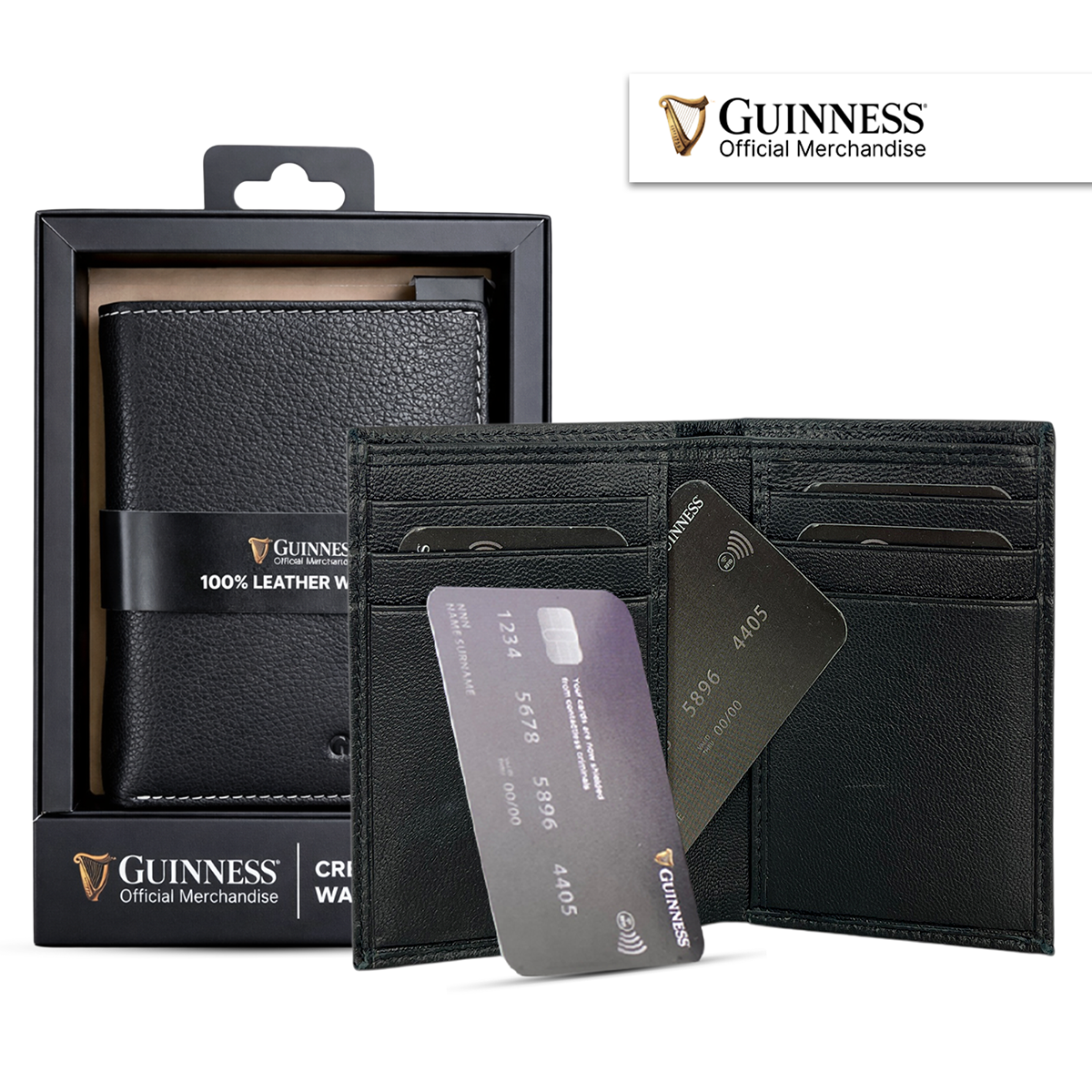 Guinness black leather wallet open with card slots and two cards partially inserted