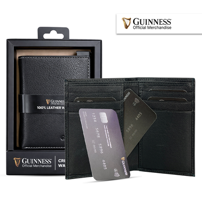 Guinness black leather wallet open with card slots and two cards partially inserted
