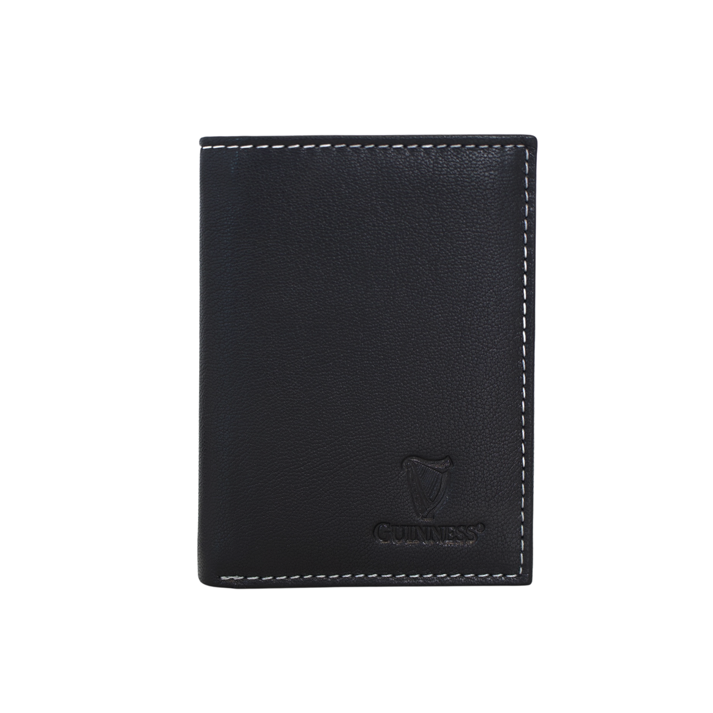Closed black Guinness leather wallet with white contrast stitching and embossed logo