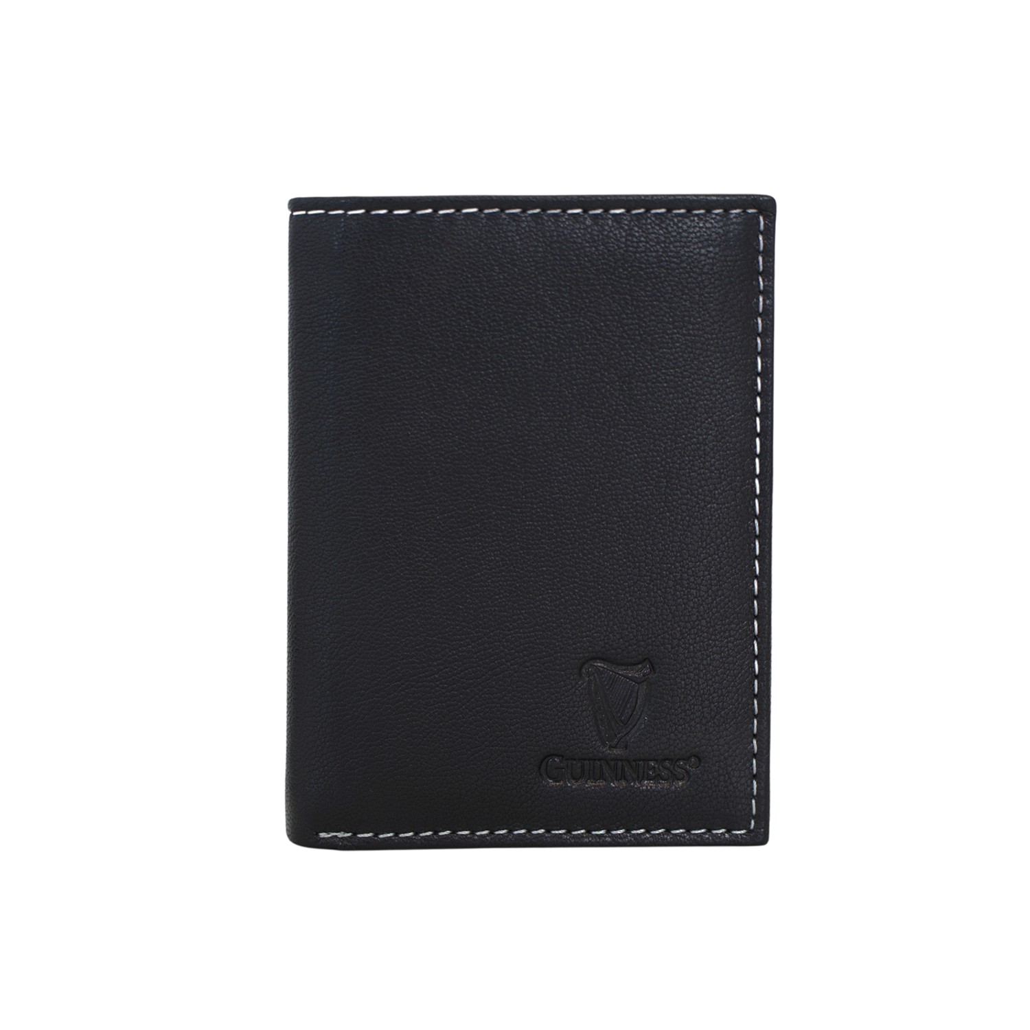 Closed black Guinness leather wallet with white contrast stitching and embossed logo