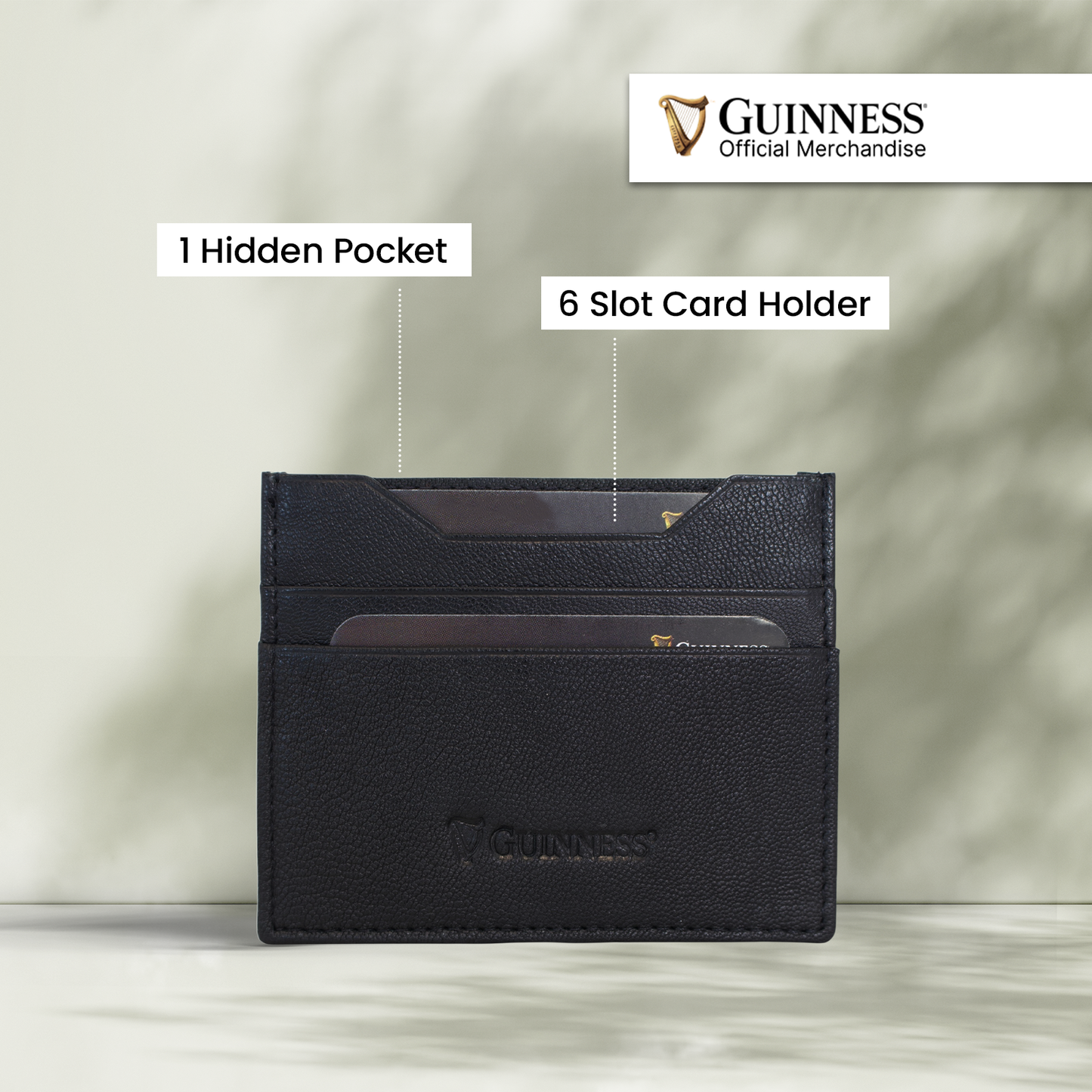Guinness black leather wallet with six card slots and a hidden pocket.