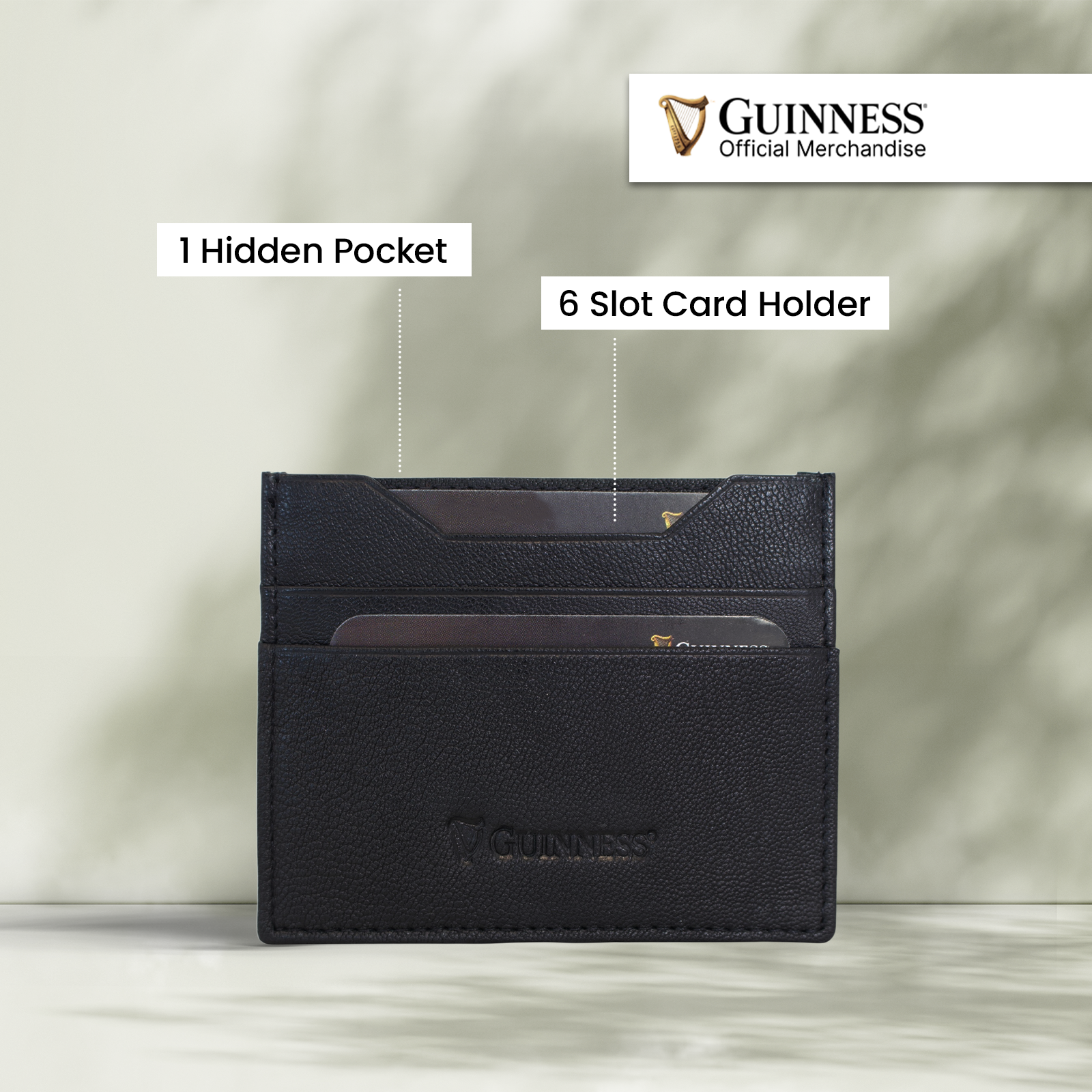 Guinness black leather wallet with six card slots and a hidden pocket.