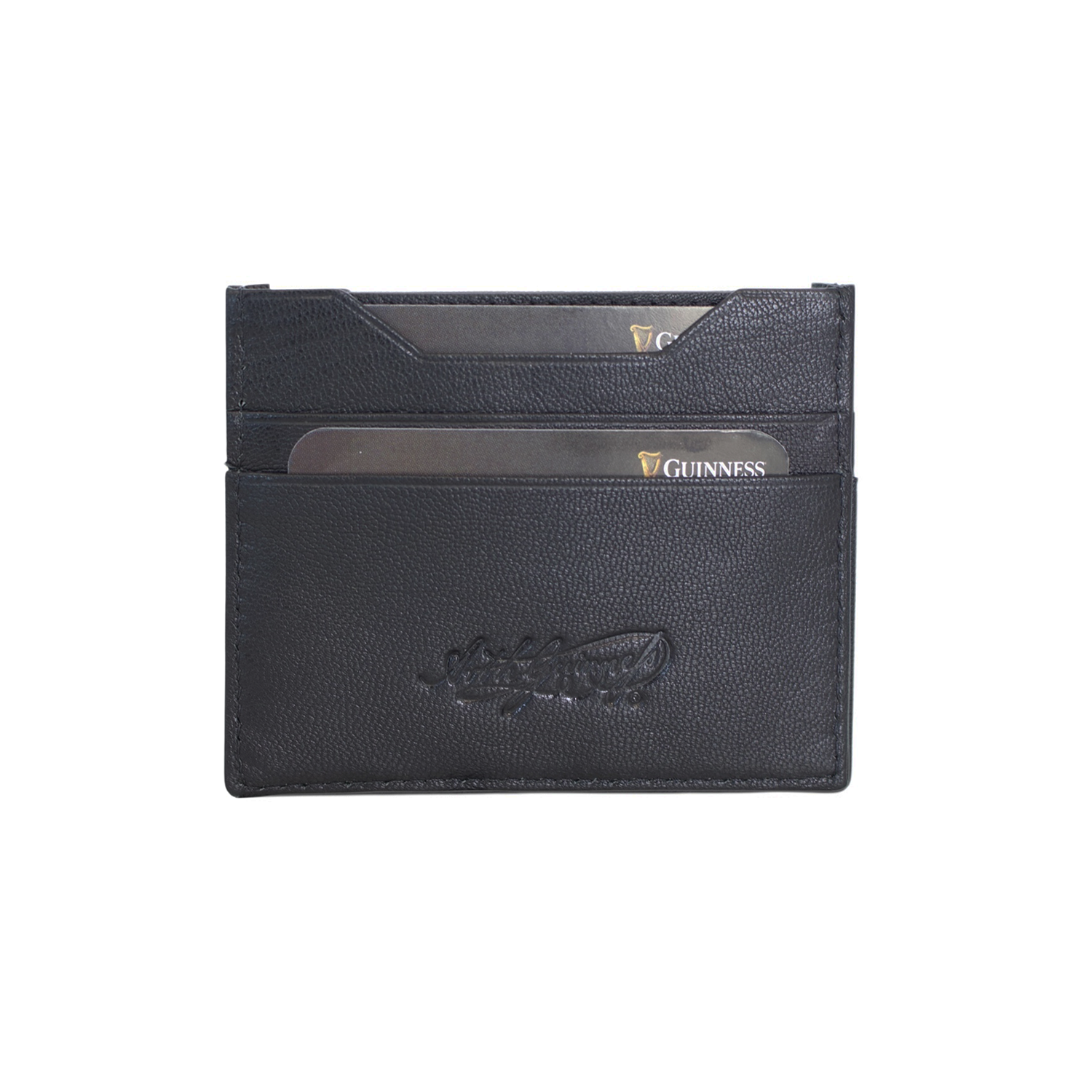 Guinness black leather slip wallet with two card slots and an embossed logo.