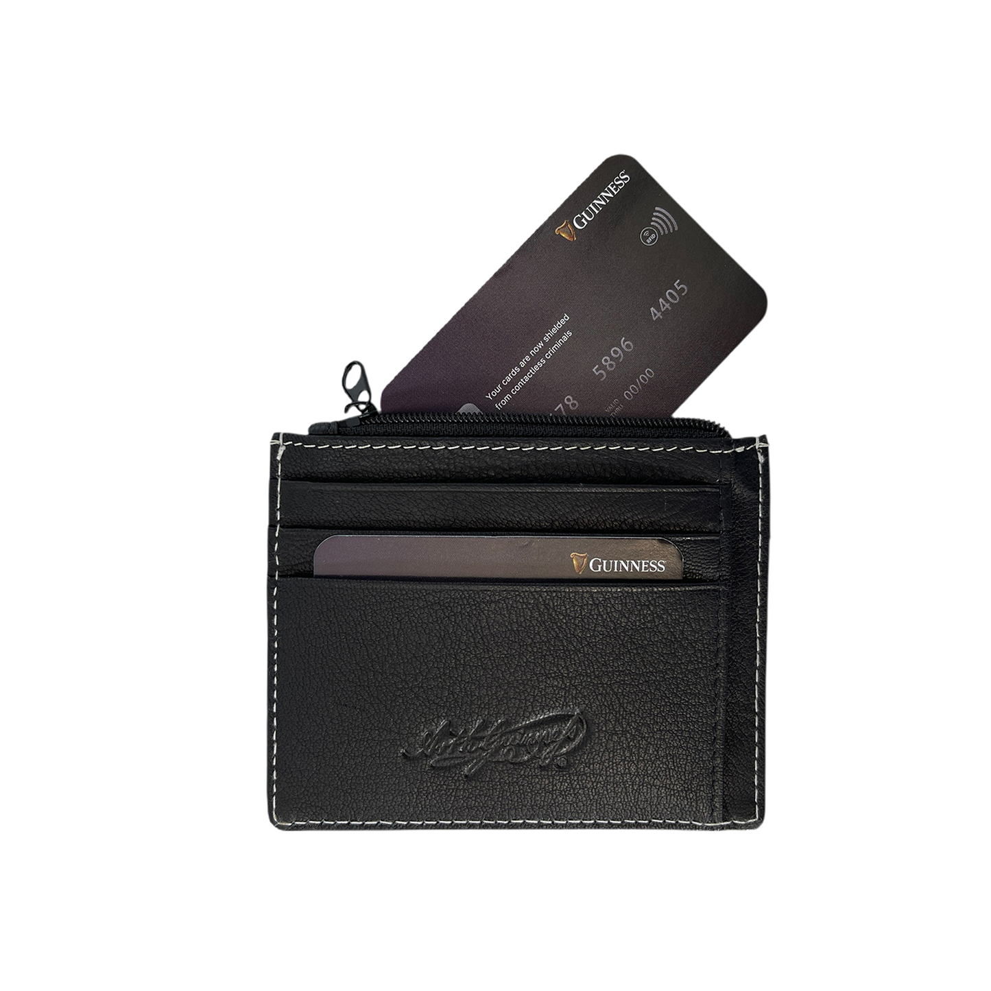 Guinness black leather card holder with zip pocket and a card partially inserted.