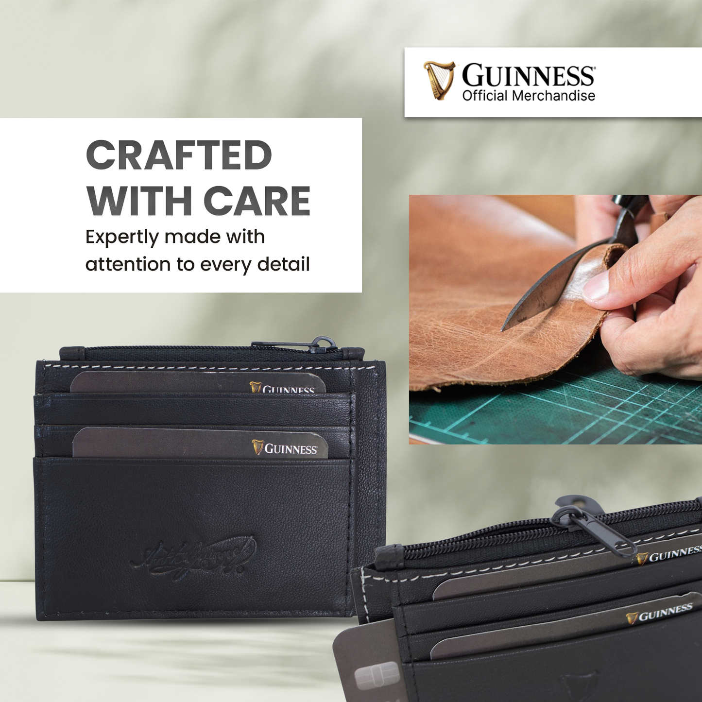 Guinness black leather card holder with six slots and a zip pocket shown with cards inserted.
