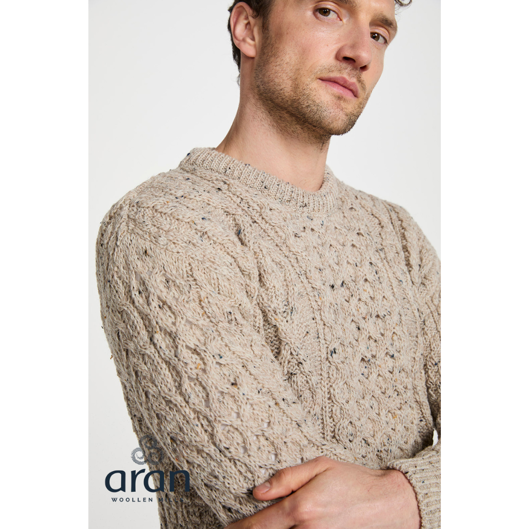 Mens Crewneck Worsted Aran Wool Oatmeal Fleck Jumper 