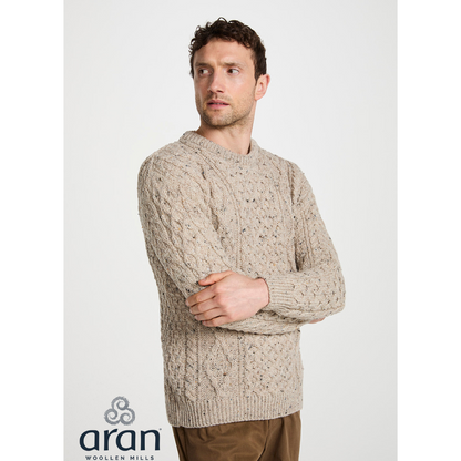 Mens Crewneck Worsted Aran Wool Oatmeal Fleck Jumper